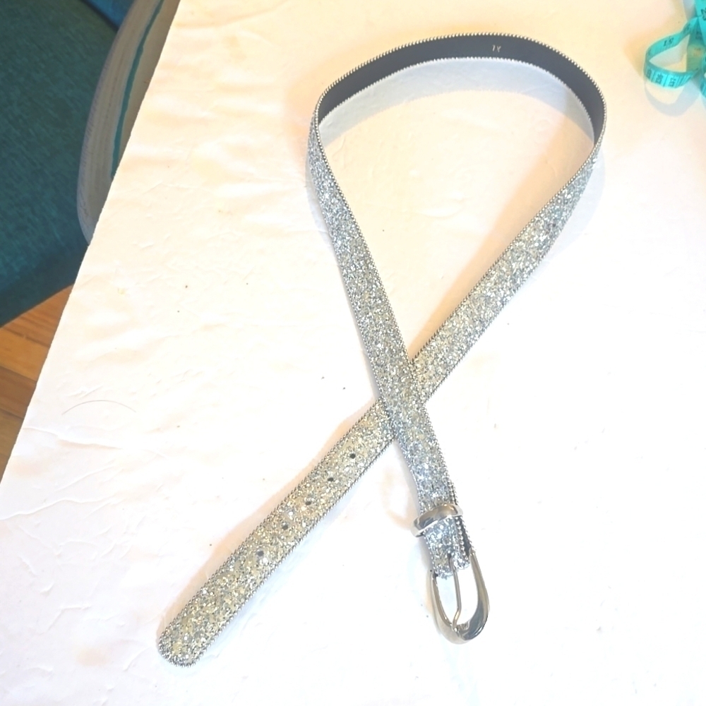 Womens Silver Sparkle Bling Glitter Belt Sparkle Silver Buckle Sz.XL - Picture 3 of 8